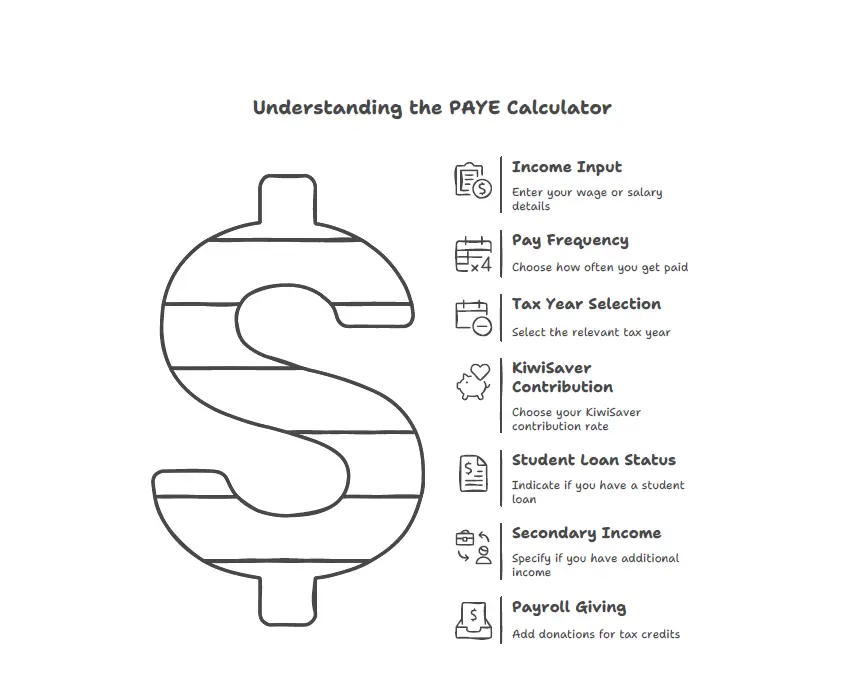 Student Loan Status
Indicate if you have a student
loan
Secondary Income
Specify if you have additional
income
Payroll Giving
Choose your KiwiSaver
contribution rate
KiwiSaver
Contribution
Select the relevant tax year
Tax Year Selection
Choose how often you get paid
Pay Frequency
Enter your wage or salary
details
Income Input
Understanding
